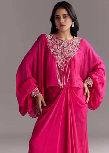 Embroidered Pink Skirt Set With Cape