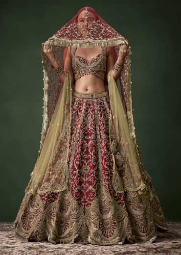 Embroidered Raw Silk Bridal Lehenga Set with Two Dupattas