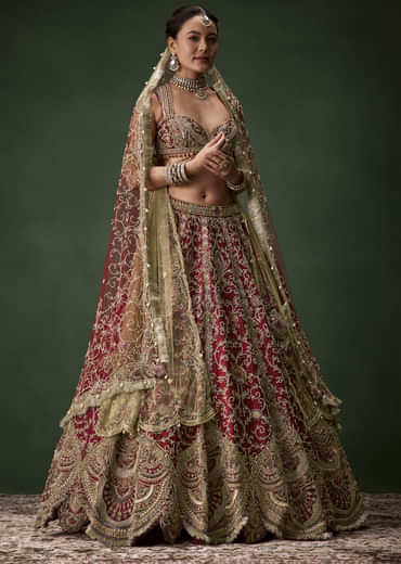 Embroidered Raw Silk Bridal Lehenga Set with Two Dupattas
