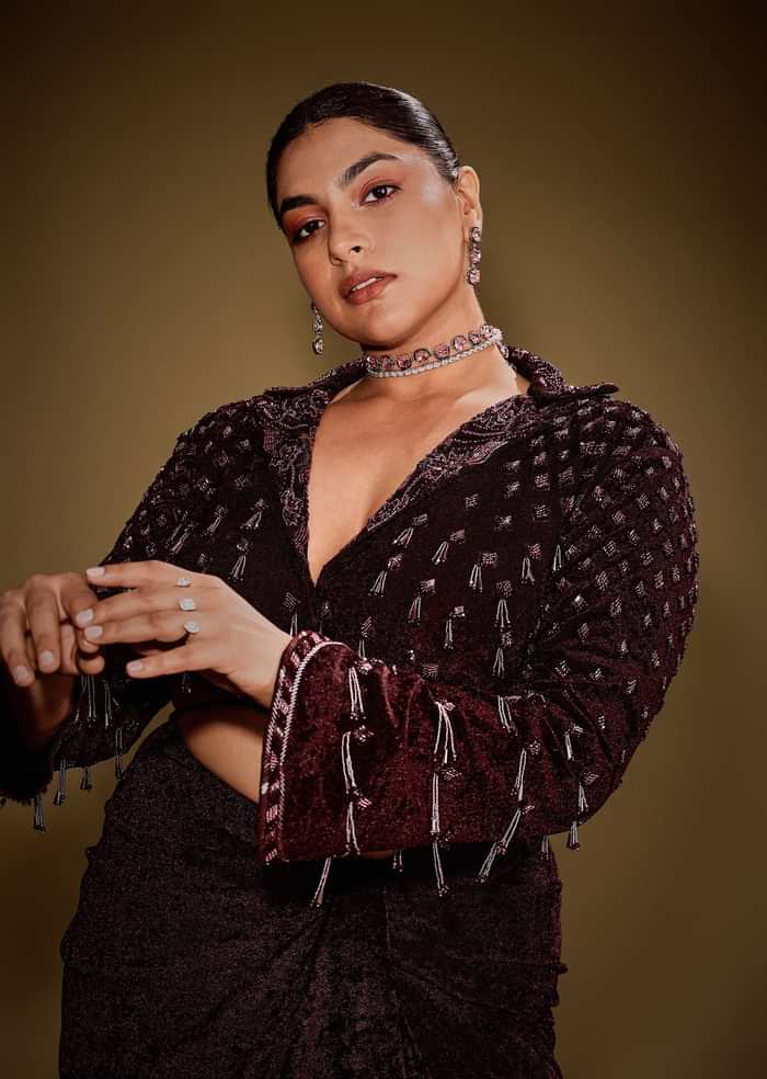 Embroidered Wine Velvet Blazer Blouse With Tassels And Draped Skirt