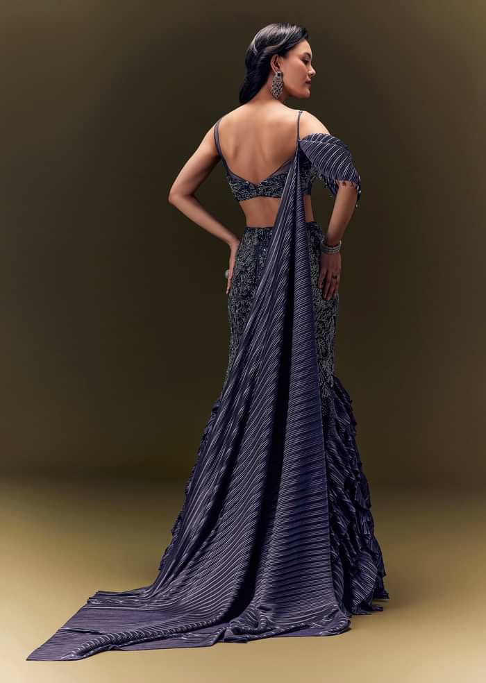 Navy Blue Crepe Ensemble With Pleated Cape Blouse And Fish Cut Skirt