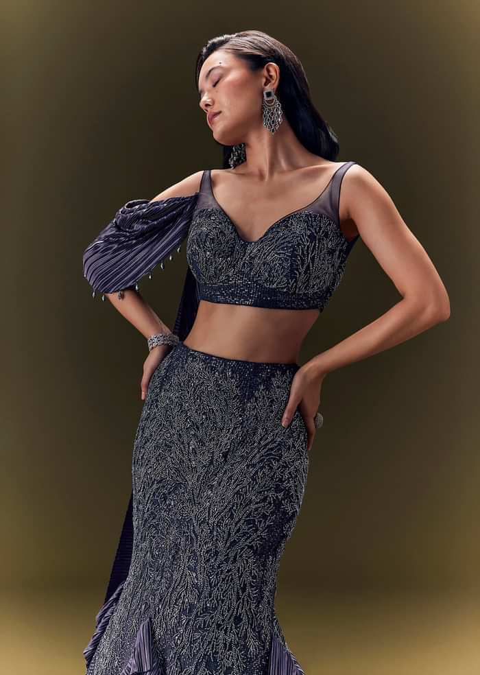 Navy Blue Crepe Ensemble With Pleated Cape Blouse And Fish Cut Skirt
