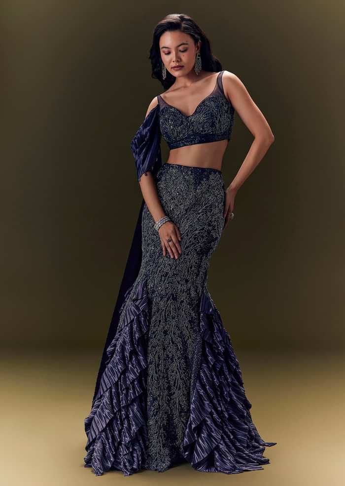 Navy Blue Crepe Ensemble With Pleated Cape Blouse And Fish Cut Skirt