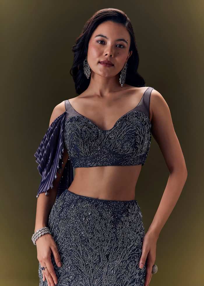 Navy Blue Crepe Ensemble With Pleated Cape Blouse And Fish Cut Skirt