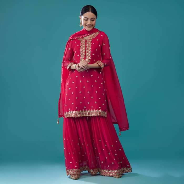 Embroidered Valentine Red Georgette Sharara Set