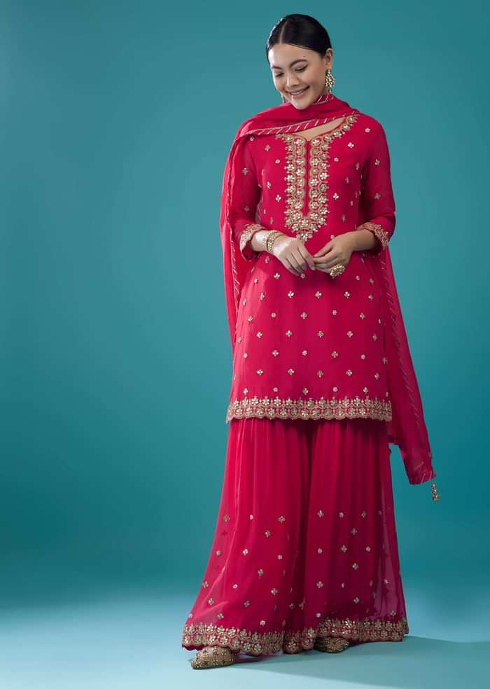 Embroidered Valentine Red Georgette Sharara Set
