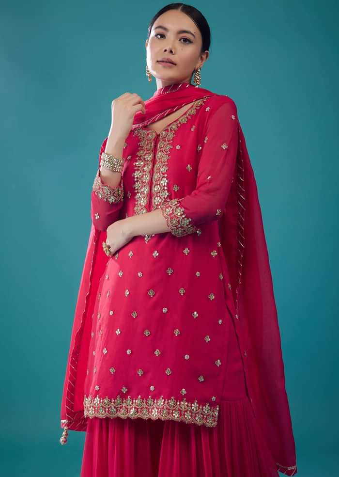 Embroidered Valentine Red Georgette Sharara Set
