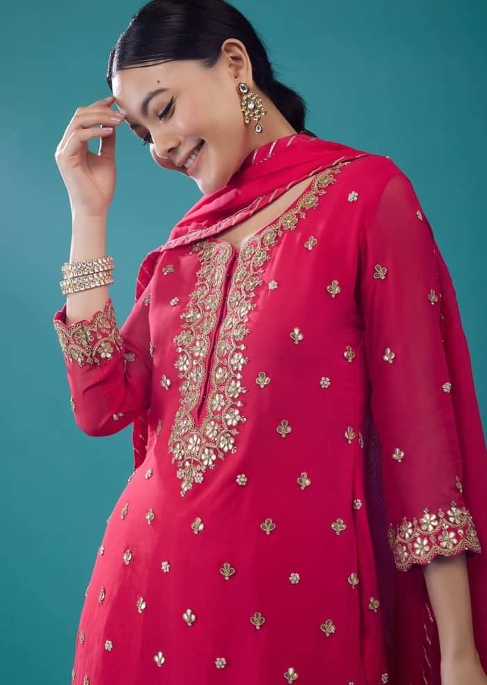 Embroidered Valentine Red Georgette Sharara Set