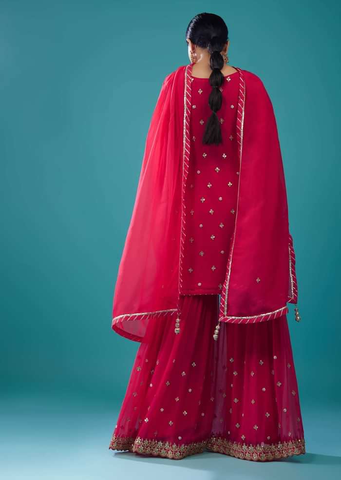 Embroidered Valentine Red Georgette Sharara Set