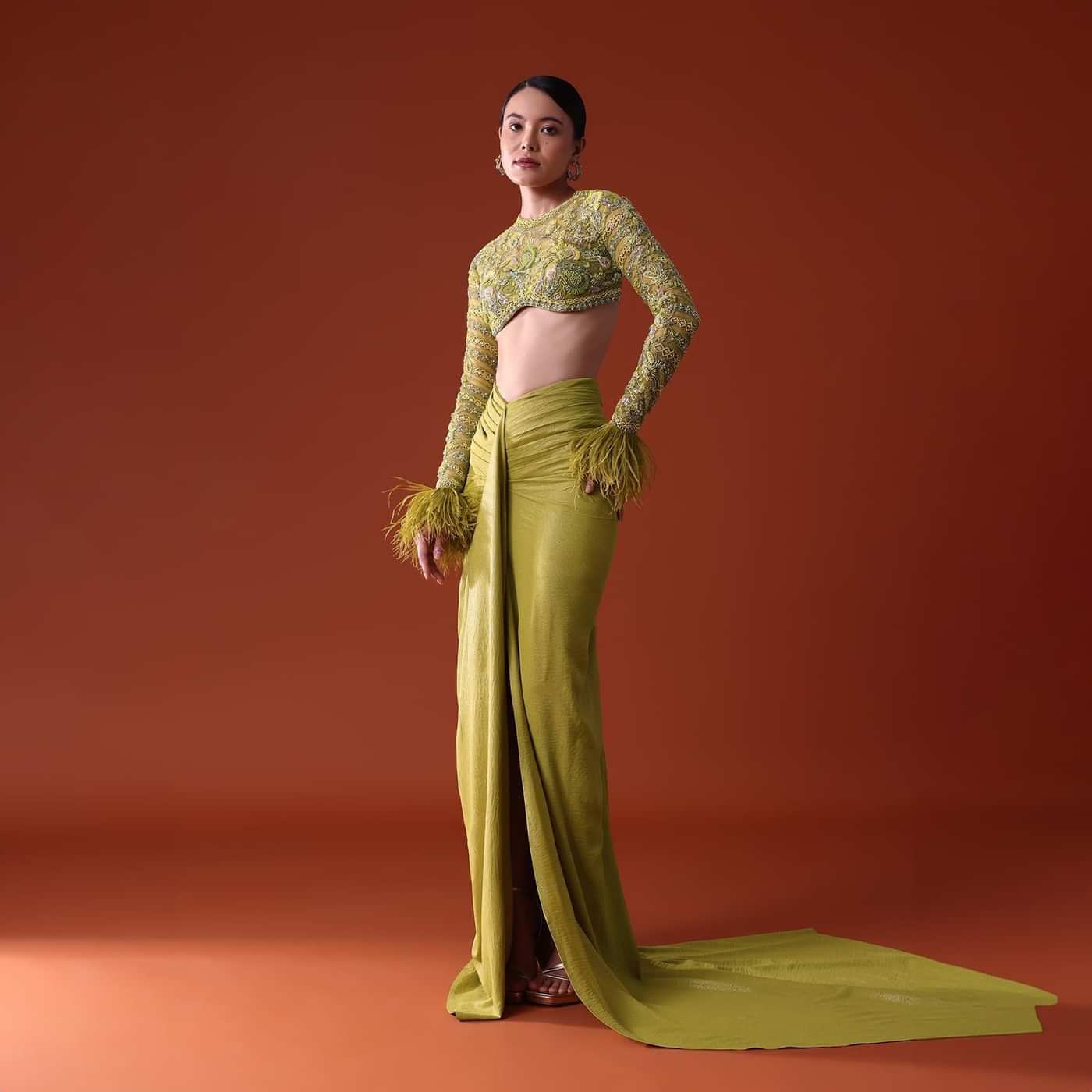 Citrus Green Satin Net Draped Trail Skirt With Feather Embellished Bustier