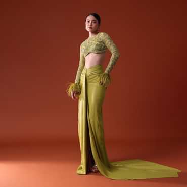 Citrus Green Satin Net Draped Trail Skirt With Feather Embellished Bustier