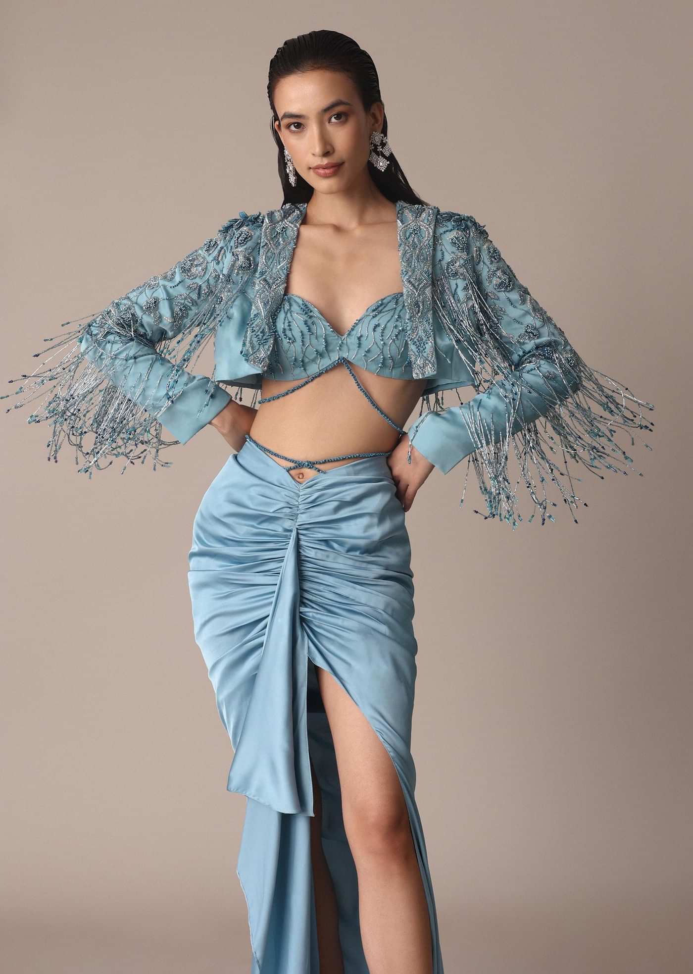 Blue Fish Cut Gathered Zardosi Draped Skirt And Tassel Jacket Set