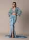 Blue Fish Cut Gathered Zardosi Draped Skirt And Tassel Jacket Set