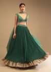 Emerald Green Lehenga In Georgette With A Plunging Neck Crop Top Featuring Floral Hand Work And Choker Dupatta