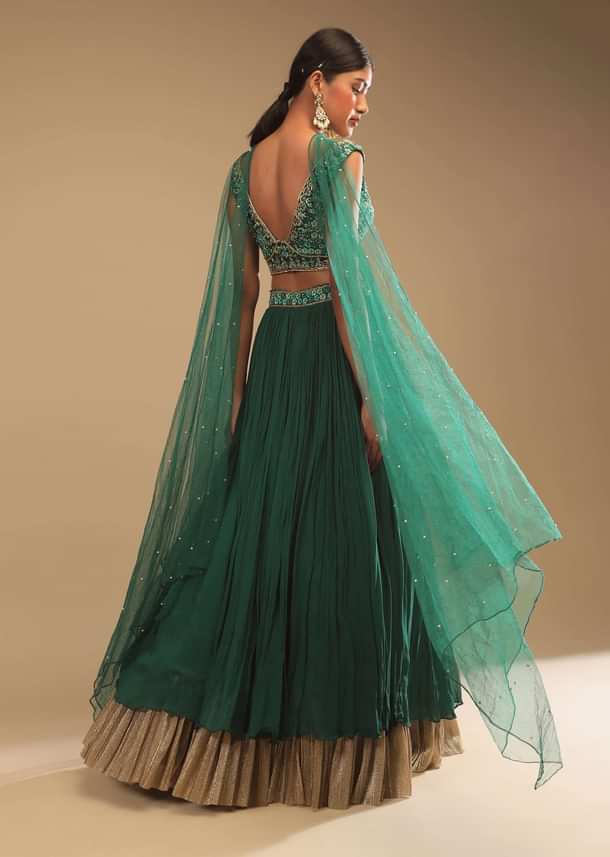 Emerald Green Lehenga In Georgette With A Plunging Neck Crop Top Featuring Floral Hand Work And Choker Dupatta