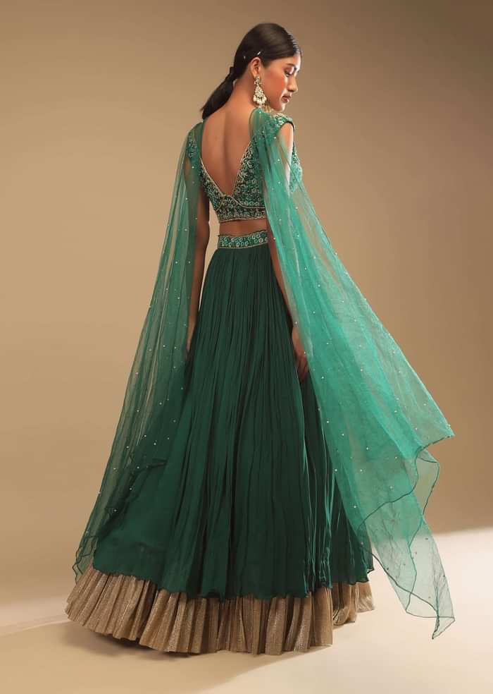 Emerald Green Lehenga In Georgette With A Plunging Neck Crop Top Featuring Floral Hand Work And Choker Dupatta