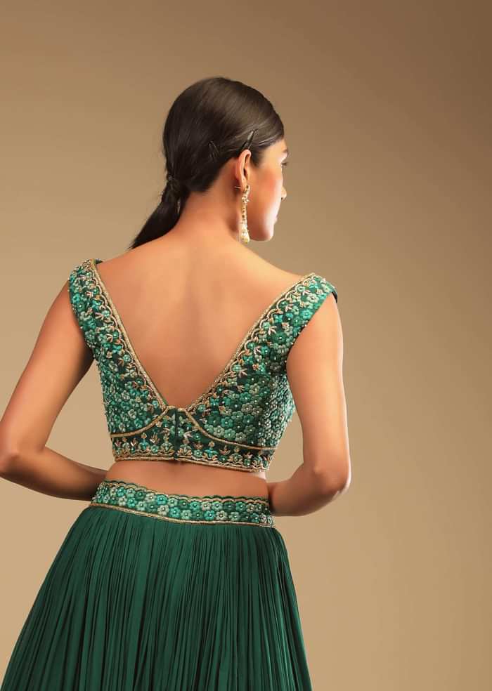 Emerald Green Lehenga In Georgette With A Plunging Neck Crop Top Featuring Floral Hand Work And Choker Dupatta