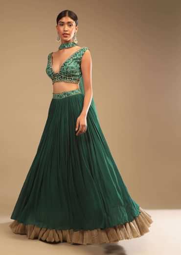 Emerald Green Lehenga In Georgette With A Plunging Neck Crop Top Featuring Floral Hand Work And Choker Dupatta