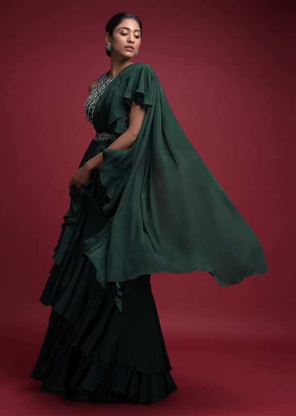 Emerald Green Saree In Crepe With Ruffled Pallu And Layered Ruffles On The Pleats