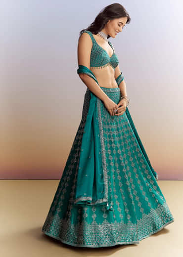 Emerald Green Satin Bridesmaid Lehenga With Stone Work