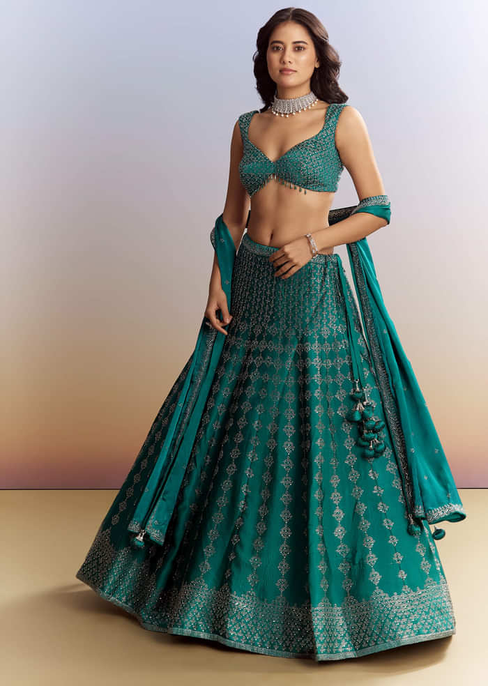 Emerald Green Satin Bridesmaid Lehenga With Stone Work