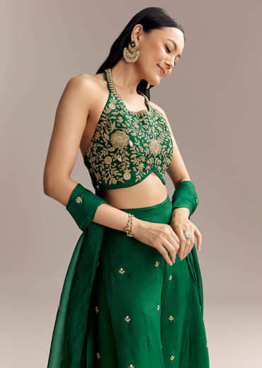 Emerald Green Silk Crop Top And Palazzo Set With Zari Work