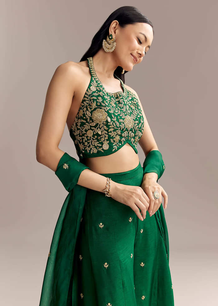 Emerald Green Silk Crop Top And Palazzo Set With Zari Work
