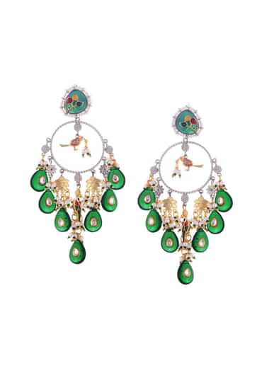 Emerald And Gold Danglers With Kundan Work In Mix Metal