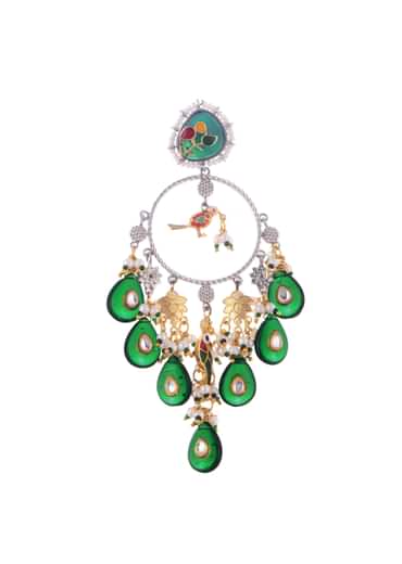 Emerald And Gold Danglers With Kundan Work In Mix Metal