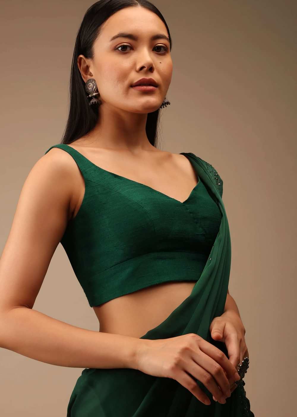Emerald Green Blouse In Raw Silk With Overlapping Sweetheart Neckline And Cut Out Back