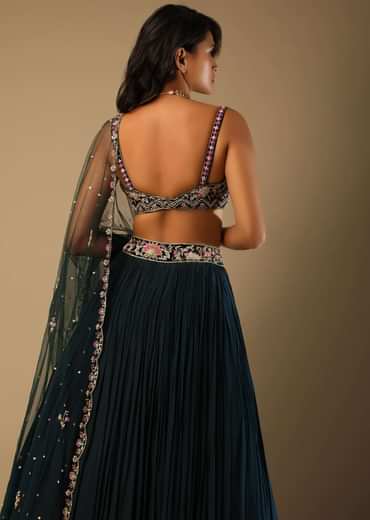 Emerald Green Lehenga With Hand Embroidered Choli Using Multi Colored Floral Motifs
