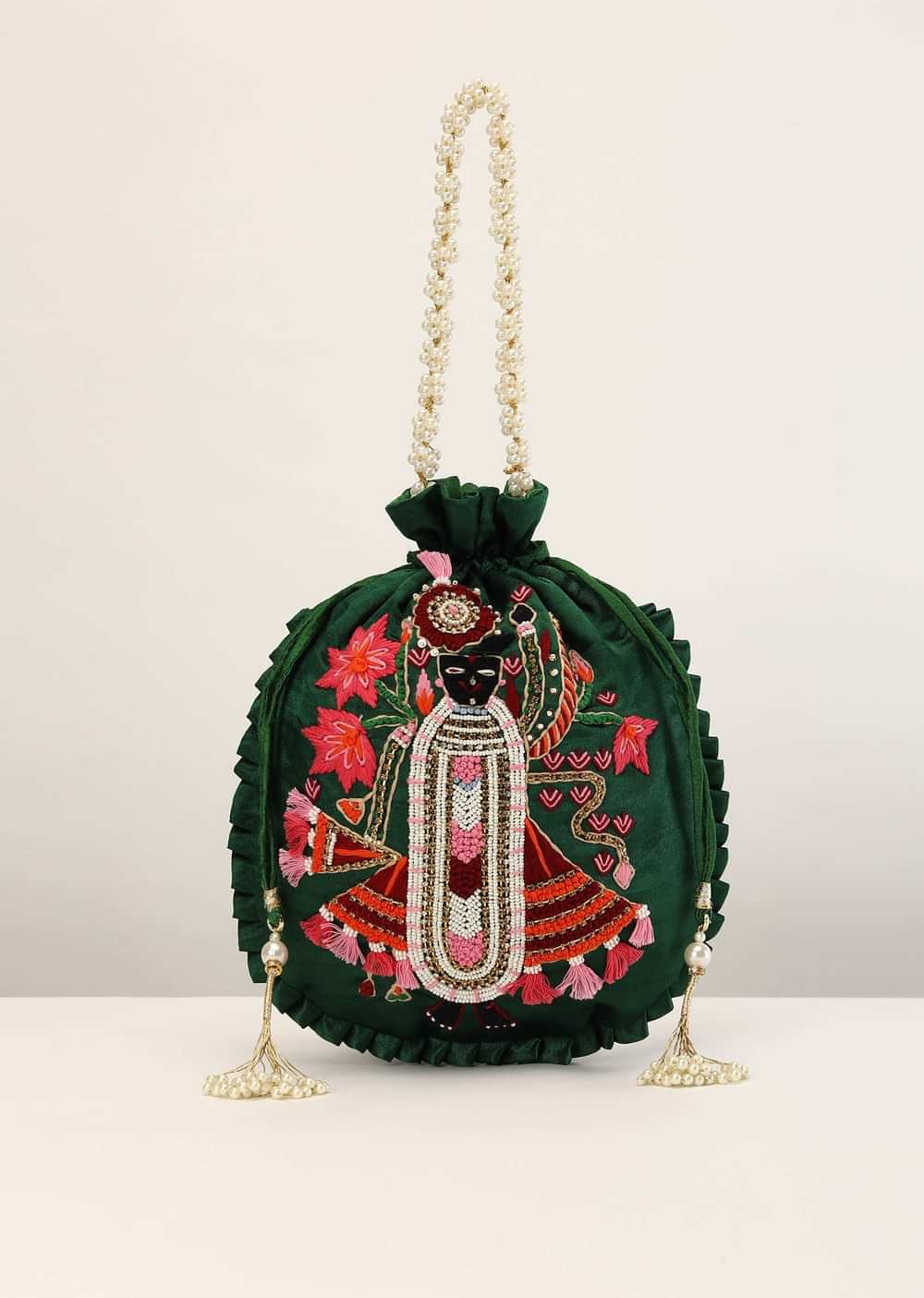 Emerald Green Potli In Satin With Hand Embroidered Goddess Motif Using Multi Colored Thread, Moti And Stone