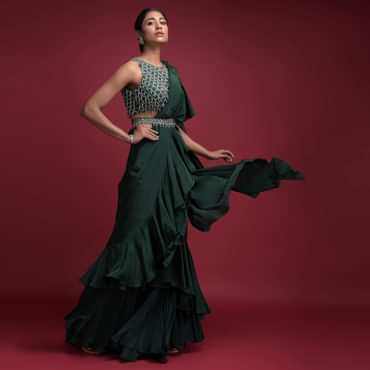 Emerald Green Saree In Crepe With Ruffled Pallu And Layered Ruffles On The Pleats