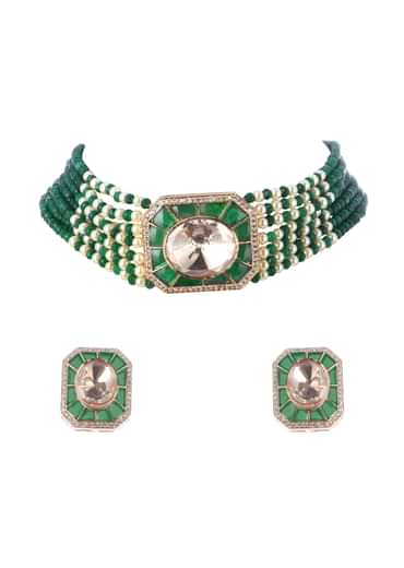 Emerald Stone Earrings And Polki Choker Set With In Mix Metal