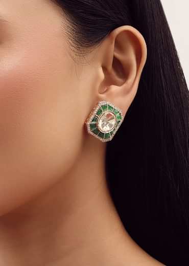 Emerald Stone Earrings And Polki Choker Set With In Mix Metal