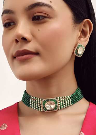 Emerald Stone Earrings And Polki Choker Set With In Mix Metal