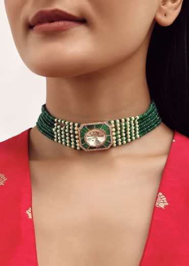 Emerald Stone Earrings And Polki Choker Set With In Mix Metal