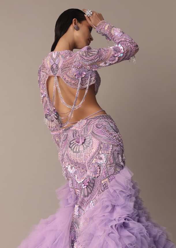 Lavender 3D Ruffle Fish Cut Skirt And Crystal Blouse Set