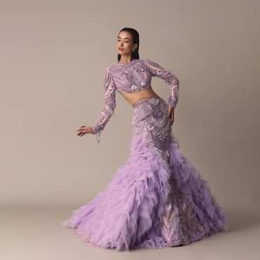 Lavender 3D Ruffle Fish Cut Skirt And Crystal Blouse Set