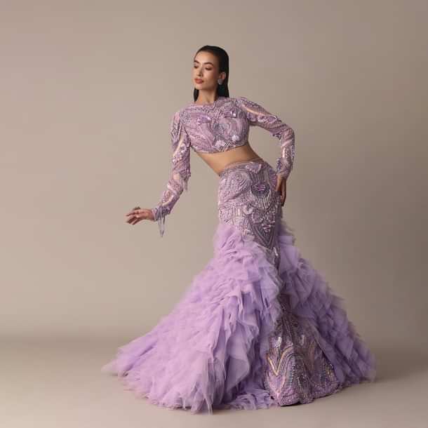 Lavender 3D Ruffle Fish Cut Skirt And Crystal Blouse Set