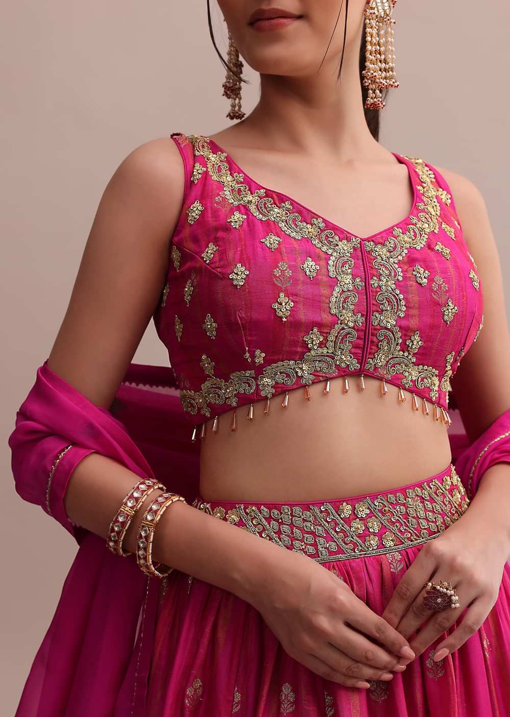 Enchanting Pink Chinnon Lehenga Set With Zardosi Embroidered Choli And A Dupatta