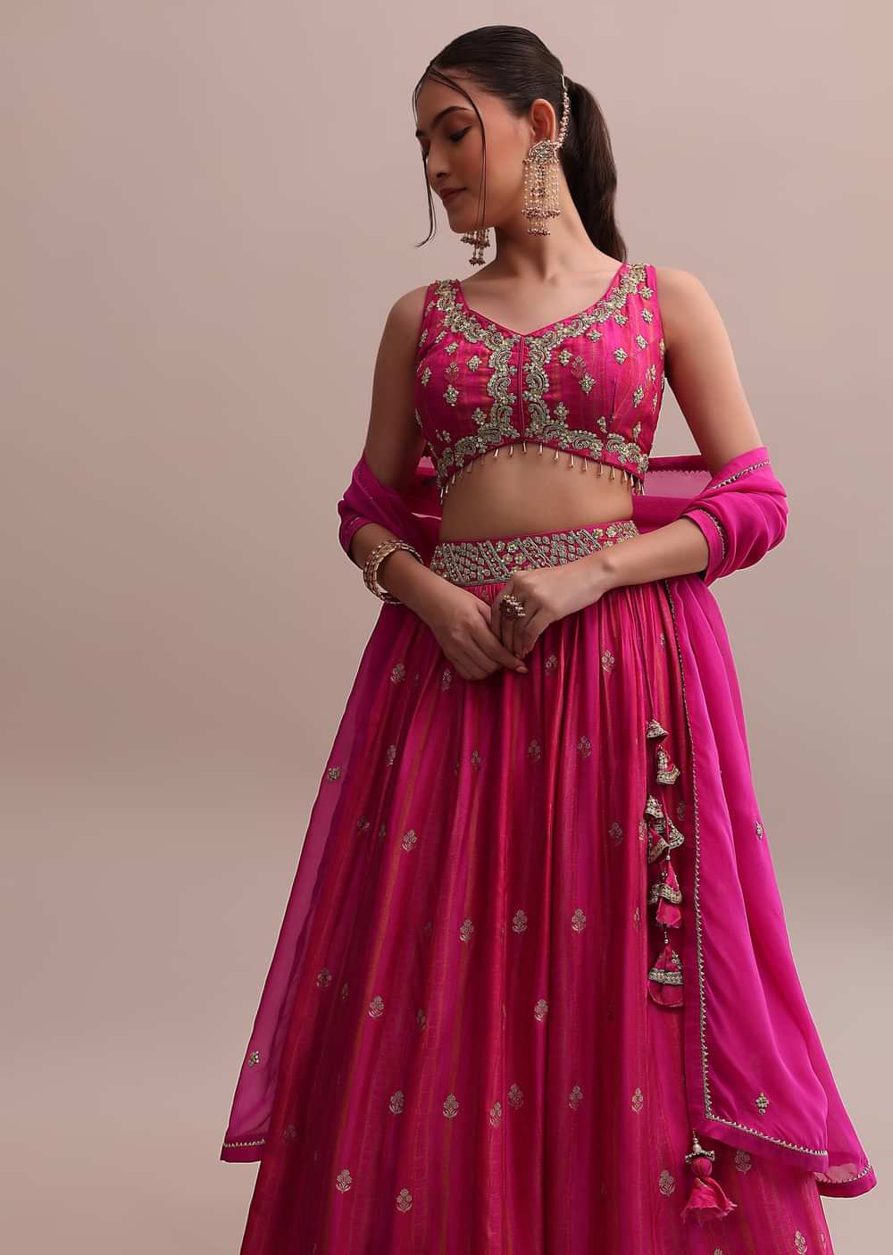 Enchanting Pink Chinnon Lehenga Set With Zardosi Embroidered Choli And A Dupatta