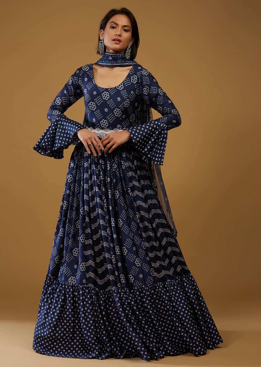 Persian Blue Anarkali Suit With Bandhani Print And Embroidery