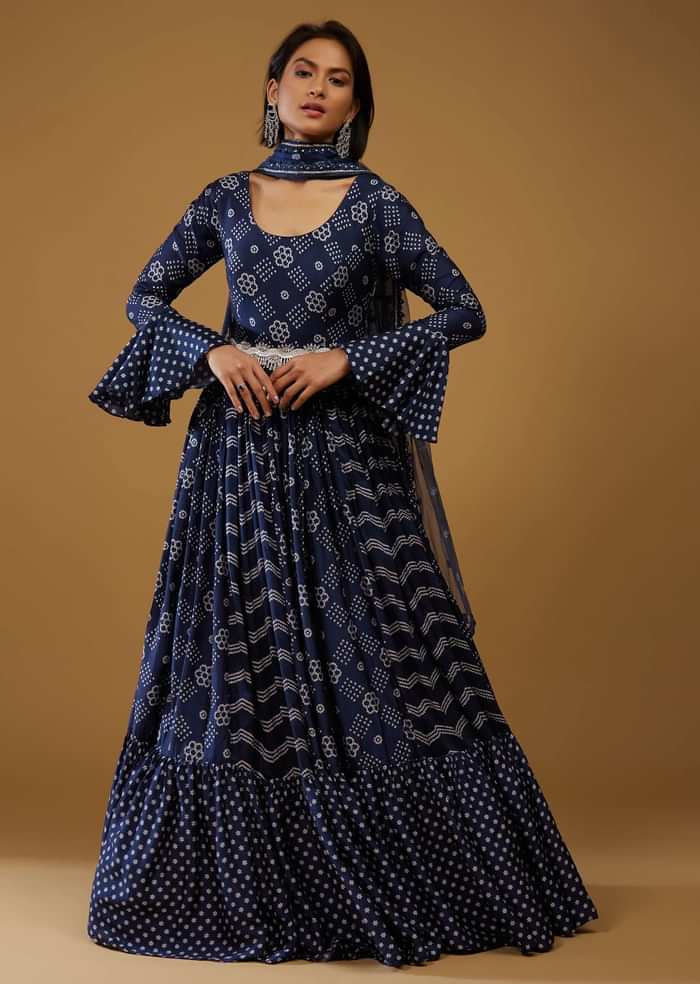 Persian Blue Anarkali Suit With Bandhani Print And Embroidery