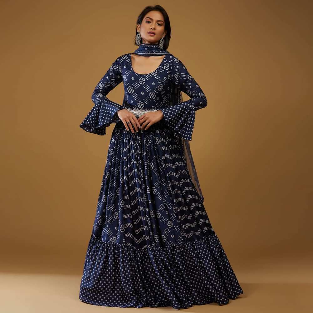 Persian Blue Anarkali Suit With Bandhani Print And Embroidery
