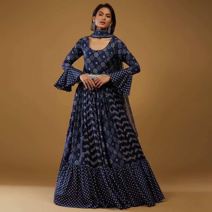 Persian Blue Anarkali Suit With Bandhani Print And Embroidery