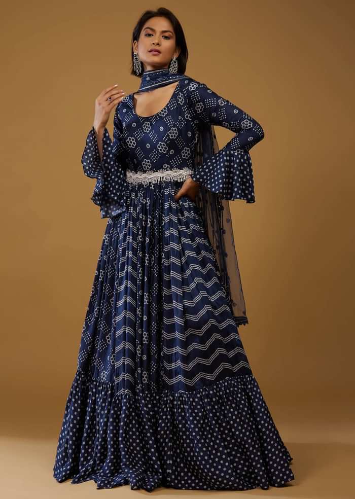 Persian Blue Anarkali Suit With Bandhani Print And Embroidery