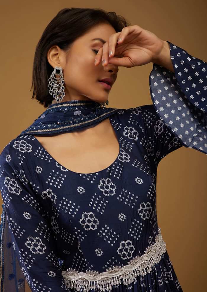 Persian Blue Anarkali Suit With Bandhani Print And Embroidery