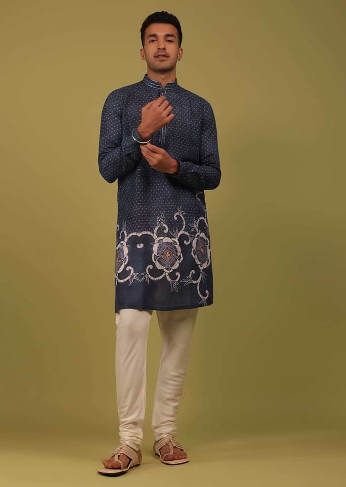 Persian Blue Printed Linen Kurta