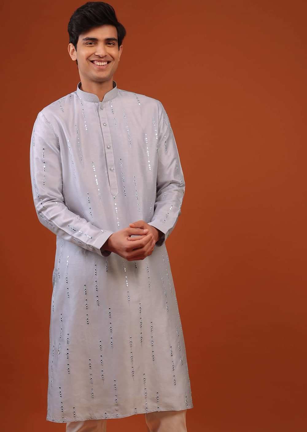 Lavender Purple Mirror Embroidered Silk Kurta Set